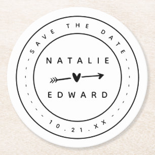 Modern, graphic save the date round paper coaster