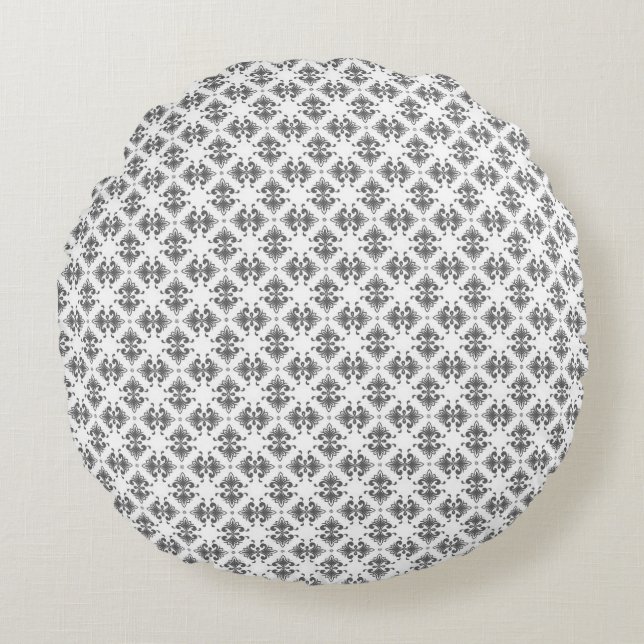 Modern Graphite Damask Pattern Round Pillow (Front)