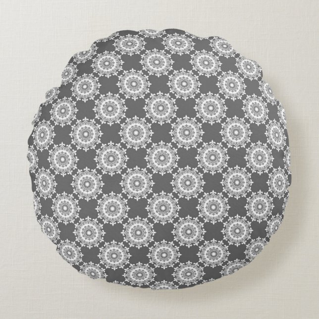 Modern Graphite Damask Pattern Round Pillow (Front)