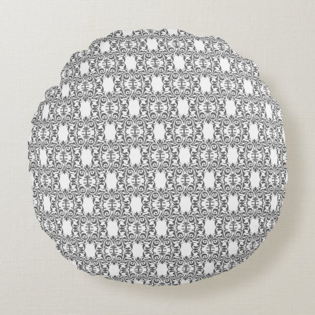 Modern Graphite Damask Pattern Round Pillow (Front)