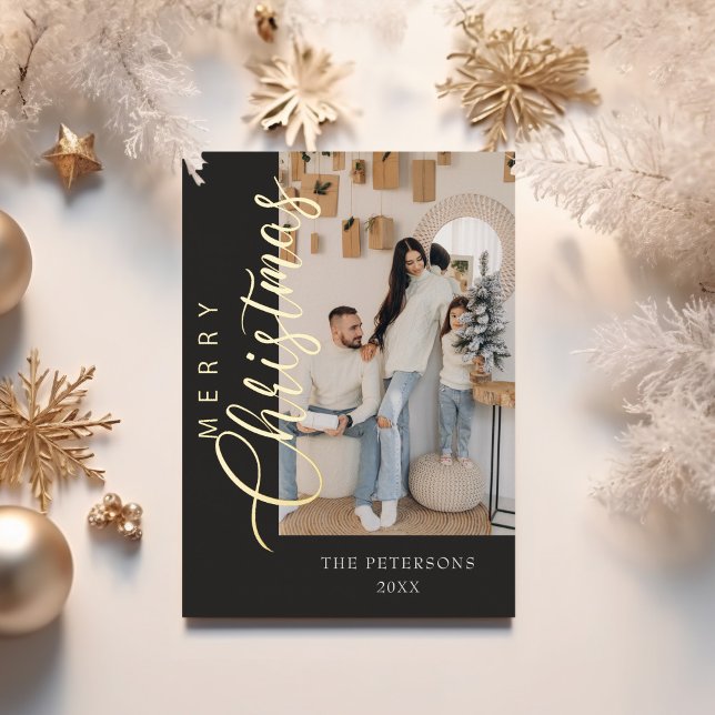 Modern Graphite Grey Photo Christmas Greeting (Modern Graphite Grey Photo Christmas Greeting Foil Holiday Card with golden Christmas decoration.)