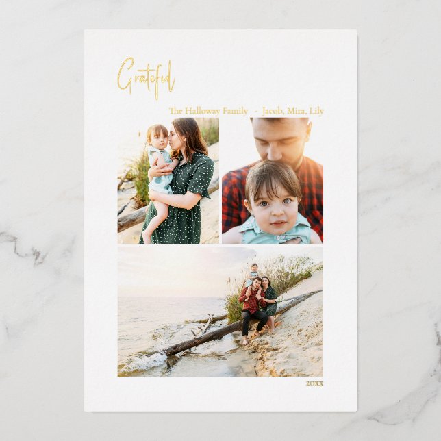 Modern Grateful Christmas Vertical 3 Photo | Gold (Front)