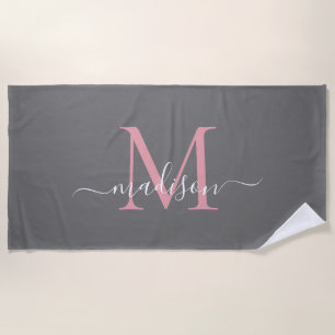 Modern Gray Blush Pink Monogram Feminine Script Beach Towel