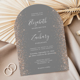 Modern Gray Peach Glitter Arch Wedding Invitation