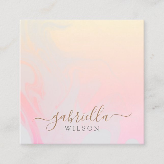 Modern Gray| Pink Peach Gradient Marble Signature Square Business Card (Front)