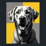 Modern Grayscale Pop Art Dog Portrait : Happy Lab Poster<br><div class="desc">This poster is a striking tribute to modern pop art, featuring a beloved Labrador Retriever in a bold, high-contrast design. The artwork uses a classic four-quadrant Warhol-style grid, with a sophisticated grayscale palette contrasted by a single, electrifying yellow. This unique colour scheme makes the dog's happy, alert expression a focal...</div>