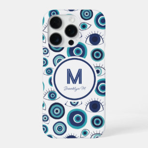 Modern Greek Evil Eye Blue White Monogram iPhone 16 Pro Case