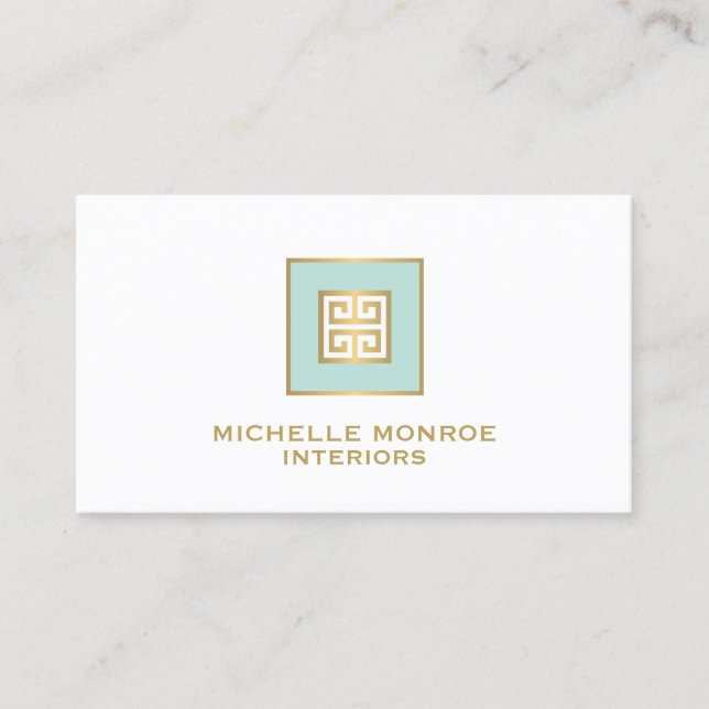 Modern Greek Key Designer Logo Gold/Mint Business Card (Front)