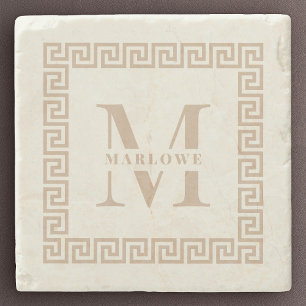 Modern Greek Key Frame Monogram Elegant Blush Stone Coaster
