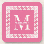 Modern Greek Key Frame Monogram Elegant Pink  Coaster<br><div class="desc">Modern and elegant pink monogram coasters  with your custom initial and name within a greek key border frame surrounding in coastal mediterranean colour way.</div>