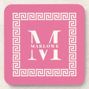 Modern Greek Key Frame Monogram Elegant Pink  Coaster