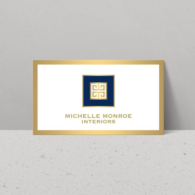 Modern Greek Key Logo Gold/Navy Blue Bordered Business Card (Creator Uploaded)