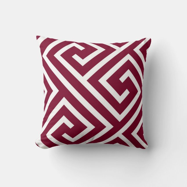 Modern Greek Key Pattern in Cranberry and White Cushion (Front)