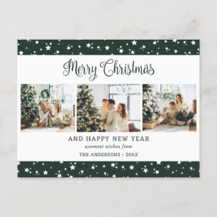 Modern Green 3 Photo Collage Stars Holiday Postcard
