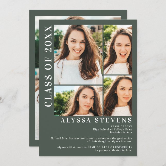 Modern green 5 photo grid graduation invitation (Front/Back)