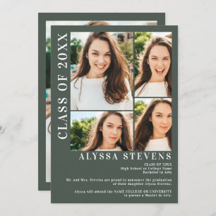 Modern green 5 photo grid graduation invitation