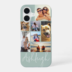 Modern Green 7 Photo Collage Custom Colors iPhone 16 Case