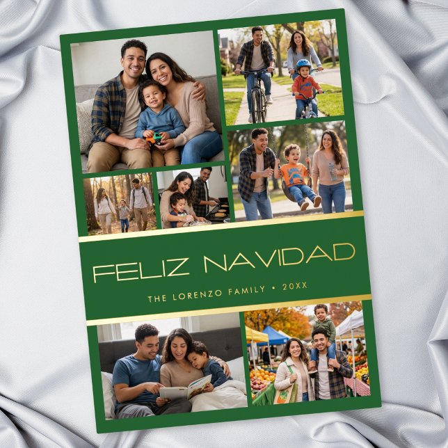 Modern Green 7 Photo Collage Feliz Navidad (Modern Green 7 Photo Collage Feliz Navidad Foil Holiday Card)