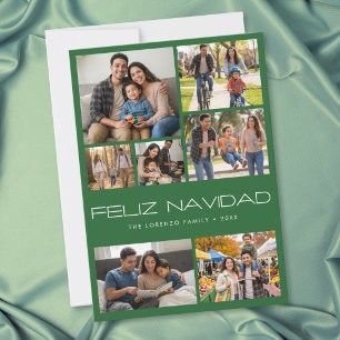 Modern Green 7 Photo Collage Feliz Navidad Holiday Card