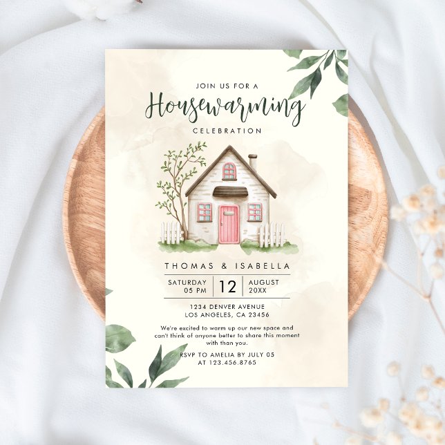 Modern Green and Beige Watercolor Housewarming Invitation (Creator Uploaded)