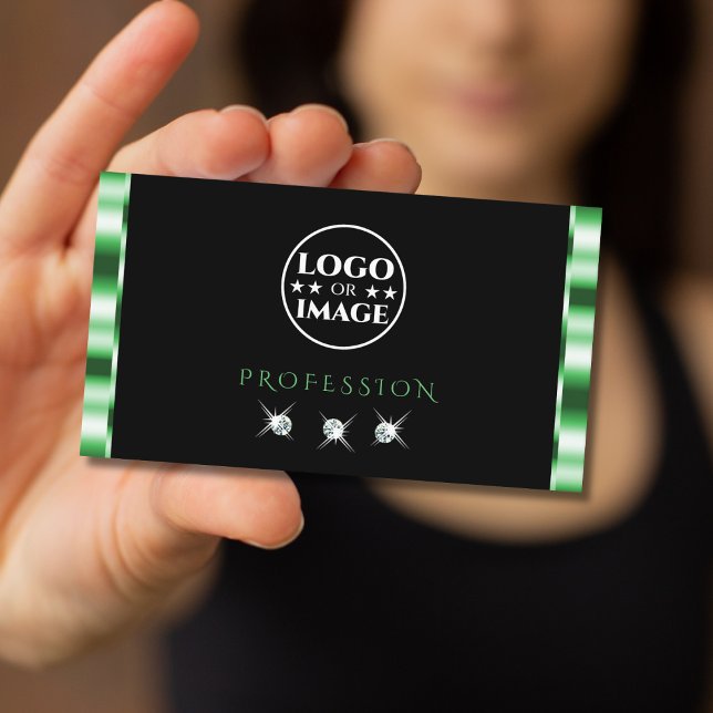 Modern Green and Black Sparkling Diamonds Add Logo Business Card (Creator Uploaded)