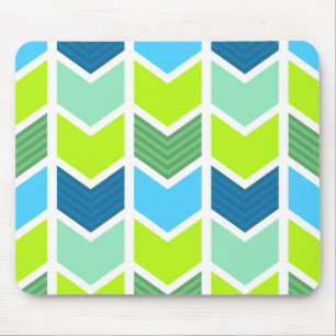 Modern Green and Blue Geometric Chevron Pattern Mouse Pad