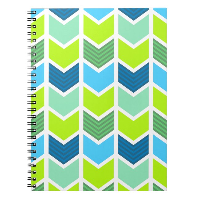 Modern Green and Blue Geometric Chevron Pattern Spiral Notebook (Front)