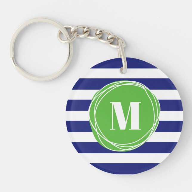 Modern Green And Blue Stripes Monogram Key Ring (Front)