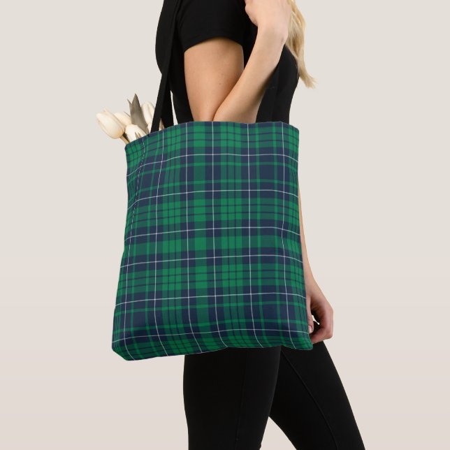 Modern Green And Blue Tartan Plaid Pattern Tote Bag (Close Up)