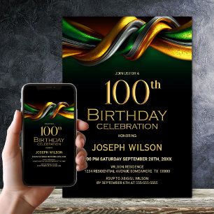 Modern Green and Gold 100th Birthday Party Invitation