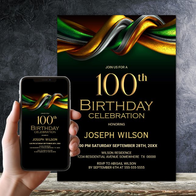 Modern Green and Gold 100th Birthday Party Invitation (Creator Uploaded)