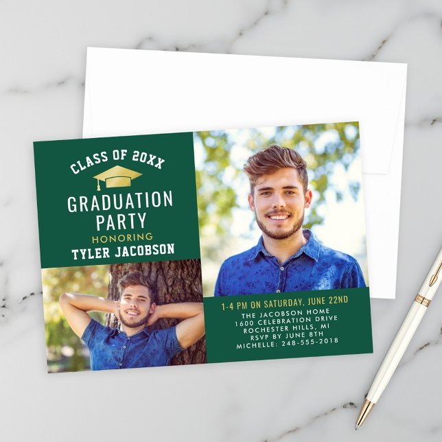 Modern Green and Gold 2025 Photo Graduate Party Invitation (Creator Uploaded)