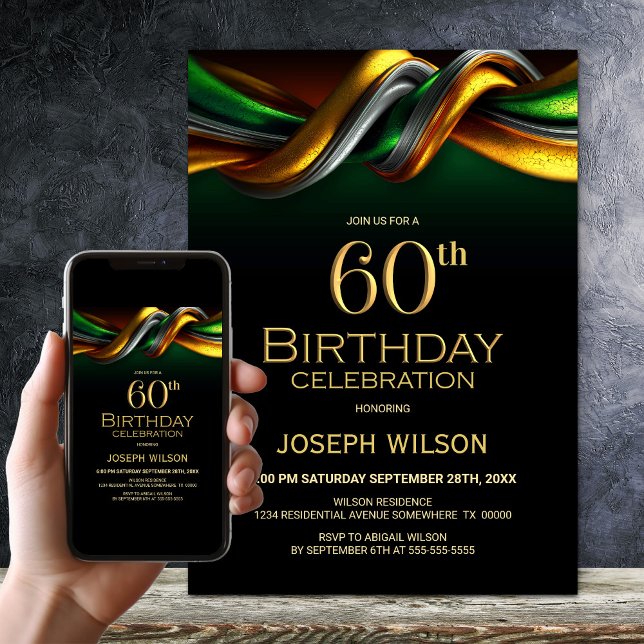 Modern Green and Gold 60th Birthday Party Invitation (Creator Uploaded)