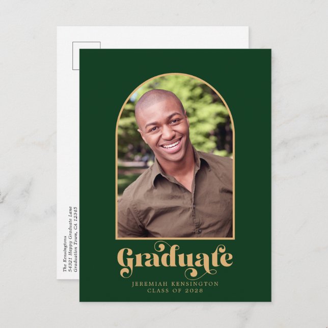 Modern Green and Gold Arch Photo Graduation Announcement Postcard (Front/Back)