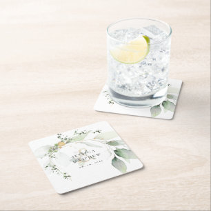 Modern Green and Gold Eucalyptus Square Paper Coaster