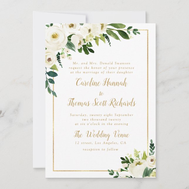 modern green and gold flowers wedding invitation (Front)