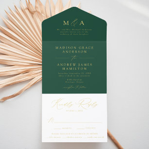 Modern Green and Gold Foil Monogram Wedding All In One Invitation