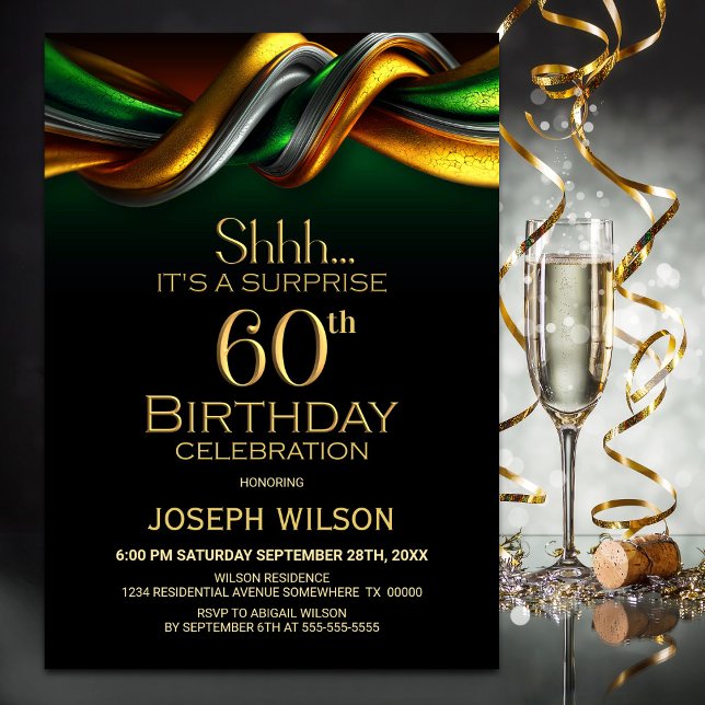 Modern Green and Gold Surprise 60th Birthday Party Invitation (Creator Uploaded)