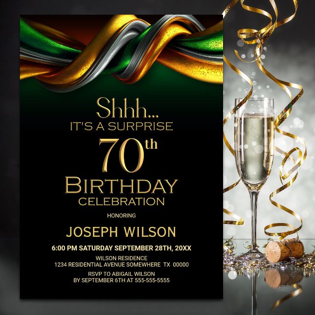 Modern Green and Gold Surprise 70th Birthday Party Invitation (Creator Uploaded)
