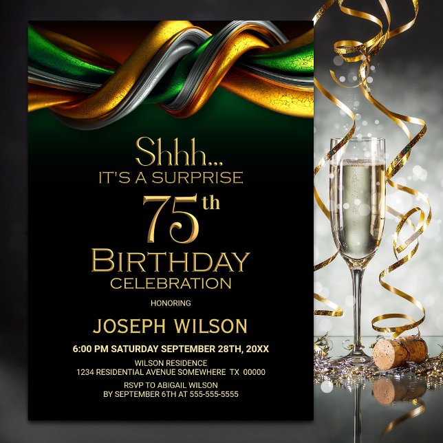 Modern Green and Gold Surprise 75th Birthday Party Invitation (Creator Uploaded)