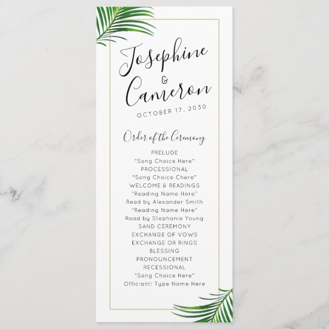 Modern Green and Gold Tropical Palm Leaf Border Programme (Front)