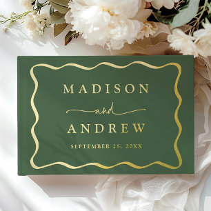 Modern Green and Gold Wavy Frame Photo Wedding Guest Book