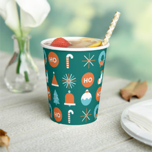 Modern Green and Orange Christmas Symbols Pattern Paper Cups