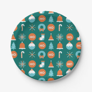 Modern Green and Orange Christmas Symbols Pattern Paper Plate