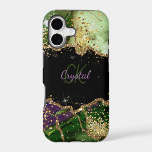 Modern Green and Purple Glitter Agate Monogram