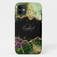 Modern Green and Purple Glitter Agate Monogram