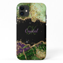 Modern Green and Purple Glitter Agate Monogram