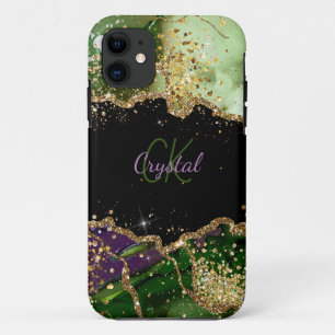 Modern Green and Purple Glitter Agate Monogram Case-Mate iPhone Case