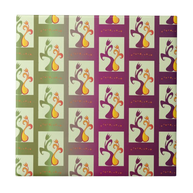 Modern Green and purple Tulip Couple pattern Tile (Front)