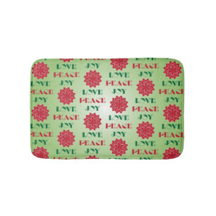 Modern Green and Red Love, Peace, Joy quote Bath Mat